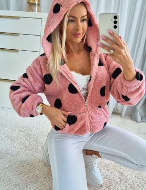 Bluza Polar Z Kapturem Grochy Różowy - M/L